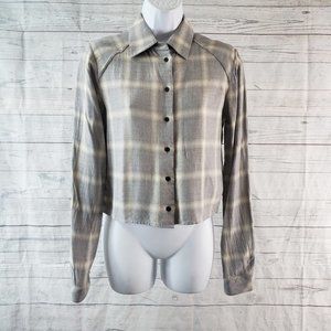 R+A Womens Button Front Crop Top Sz XS‎ Gray Plaid Long Sleeve Rayon